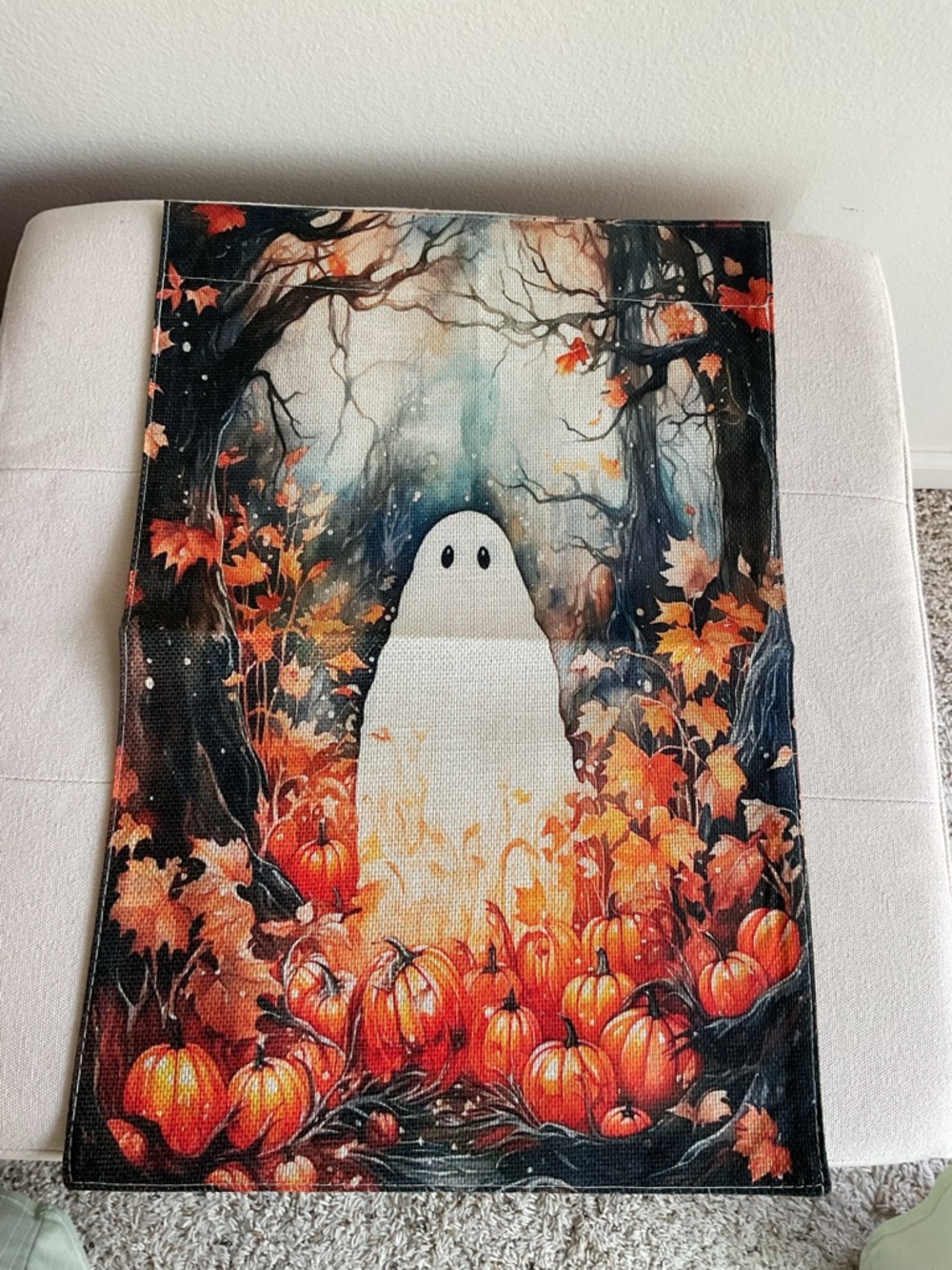 Autumn Ghost Pumpkin Burlap Garden Flag - Orange